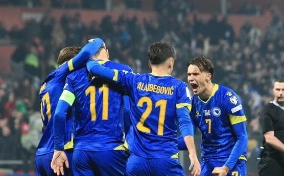 Fudbaleri Bosne i Hercegovine slave pogodak na stadionu.