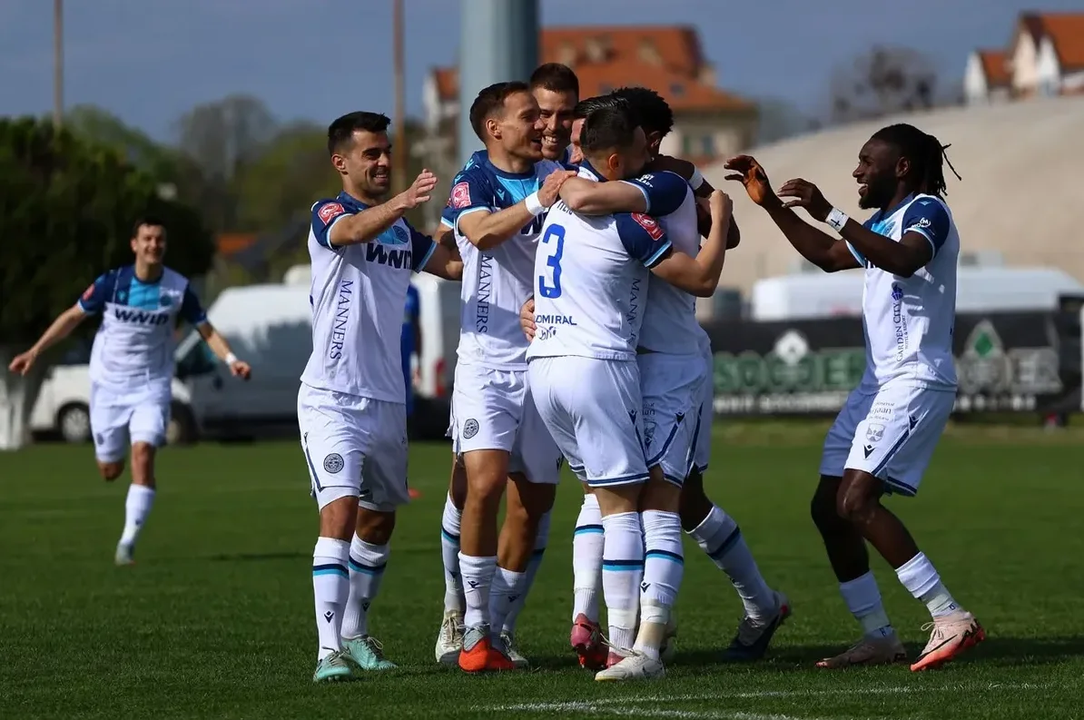 Fudbaleri slave pogodak na zelenom terenu