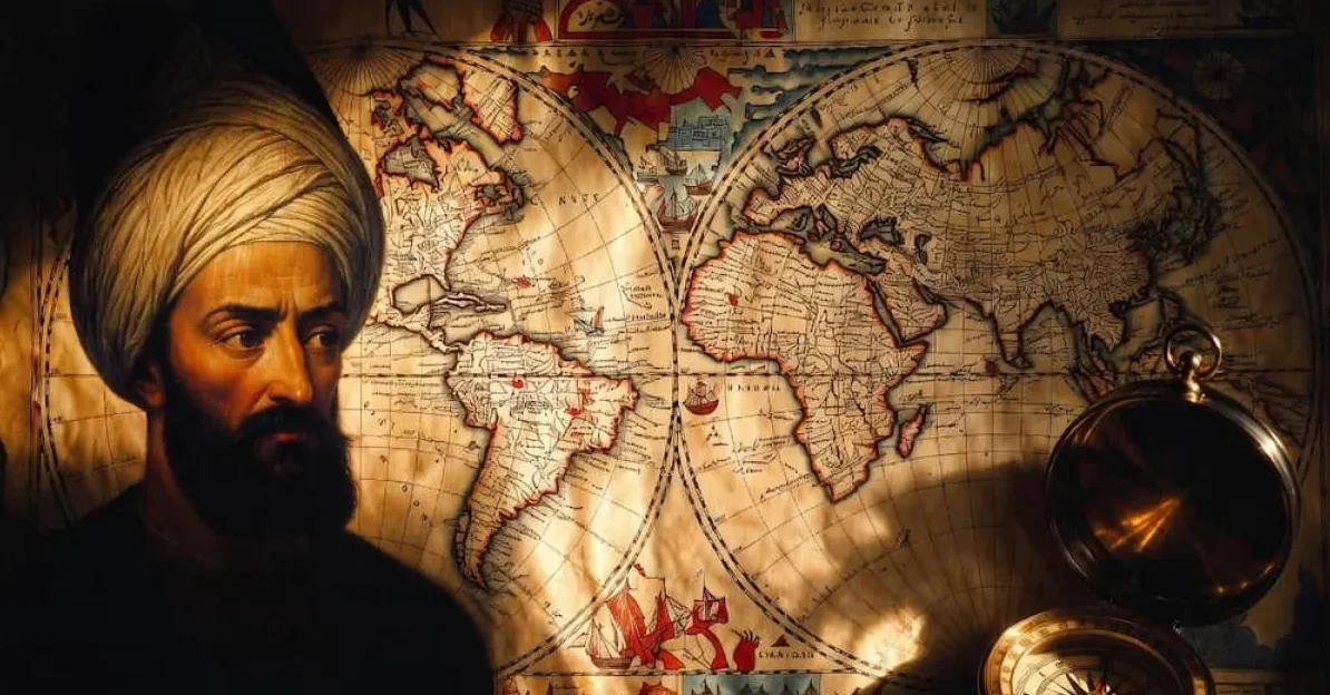 Portret istaknutog istraživača ili naučnik s turbanom na glavi, ispred stare zemaljske mape svijeta sa brodovima i kompasom.