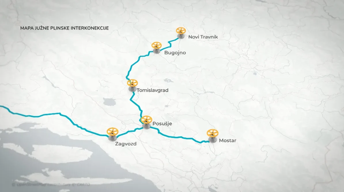 Mapa južne plinske interkonekcije Bosne i Hercegovine sa označenim gradovima i gasnim ventilima.