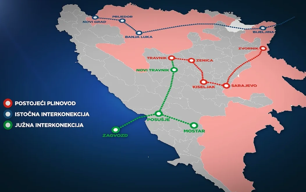Karta Bosne i Hercegovine koja prikazuje postojeće plinovode te istočnu i južnu interkonekciju.