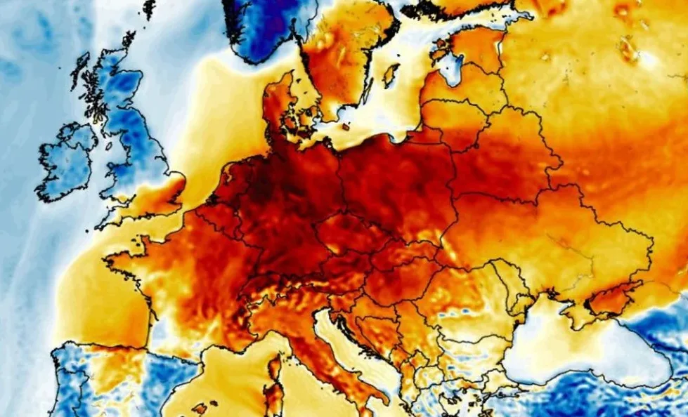 Mapa Evrope sa prikazanim temperaturnim anomalijama, gdje crvena boja ukazuje na znatno iznadprosječne temperature, a plava na ispodprosječne.