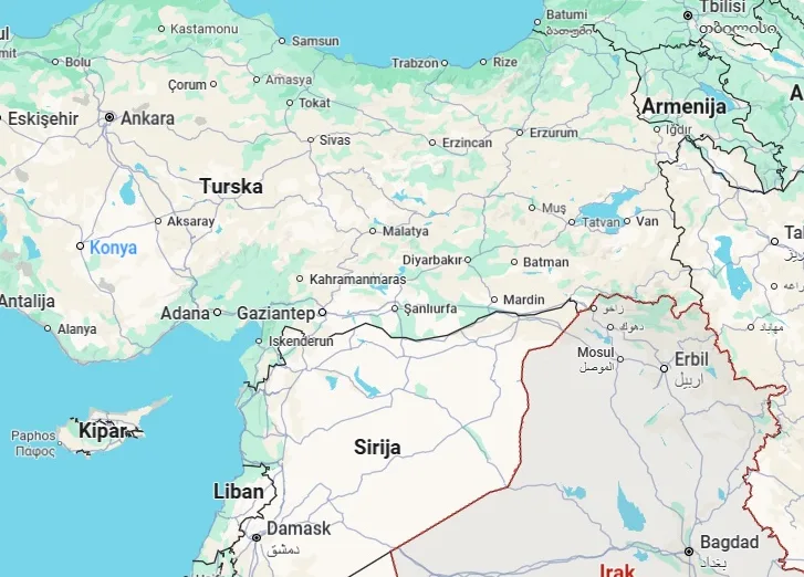 Karta koja prikazuje geografski položaj Turske, Sirije, Iraka, Kipra i dijelova susjednih zemalja.