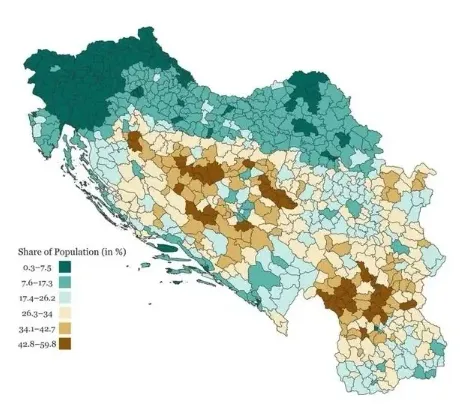 Karta bivše Jugoslavije prikazuje udio stanovništva u postotku po opštinama, sa legendom koja objašnjava raspon postoja od 0.3-7.5% do 42.8-59.8%.