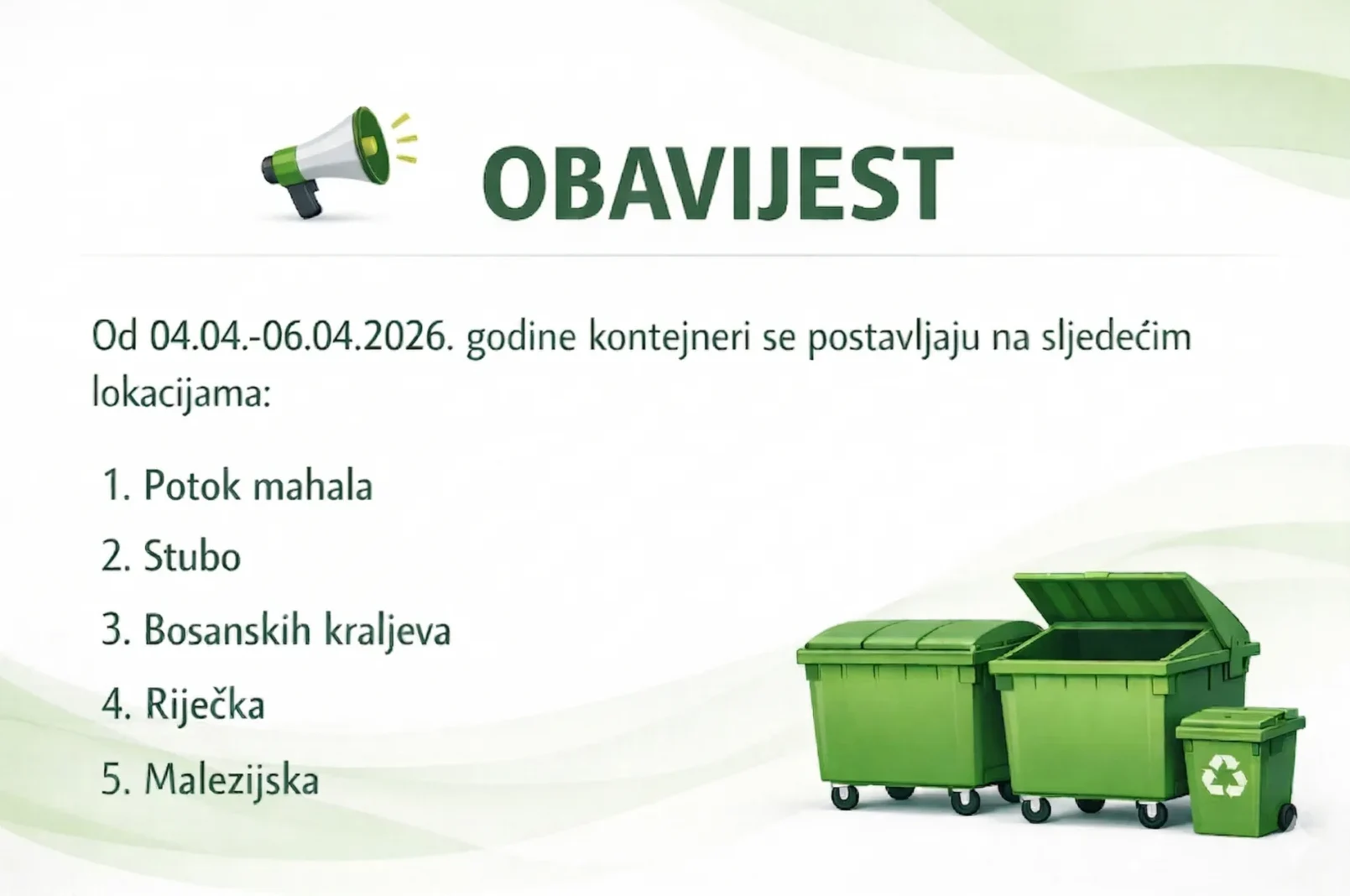 Obavijest o postavljanju kontejnera na novim lokacijama od 04.04. do 06.04.2026.