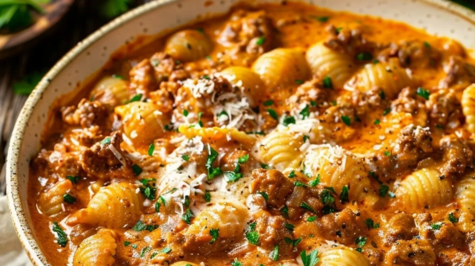 Kremasta tjestenina sa mljevenim mesom i umakom od paradajza, posuta naribanim parmezanom i sjeckanim peršunom.