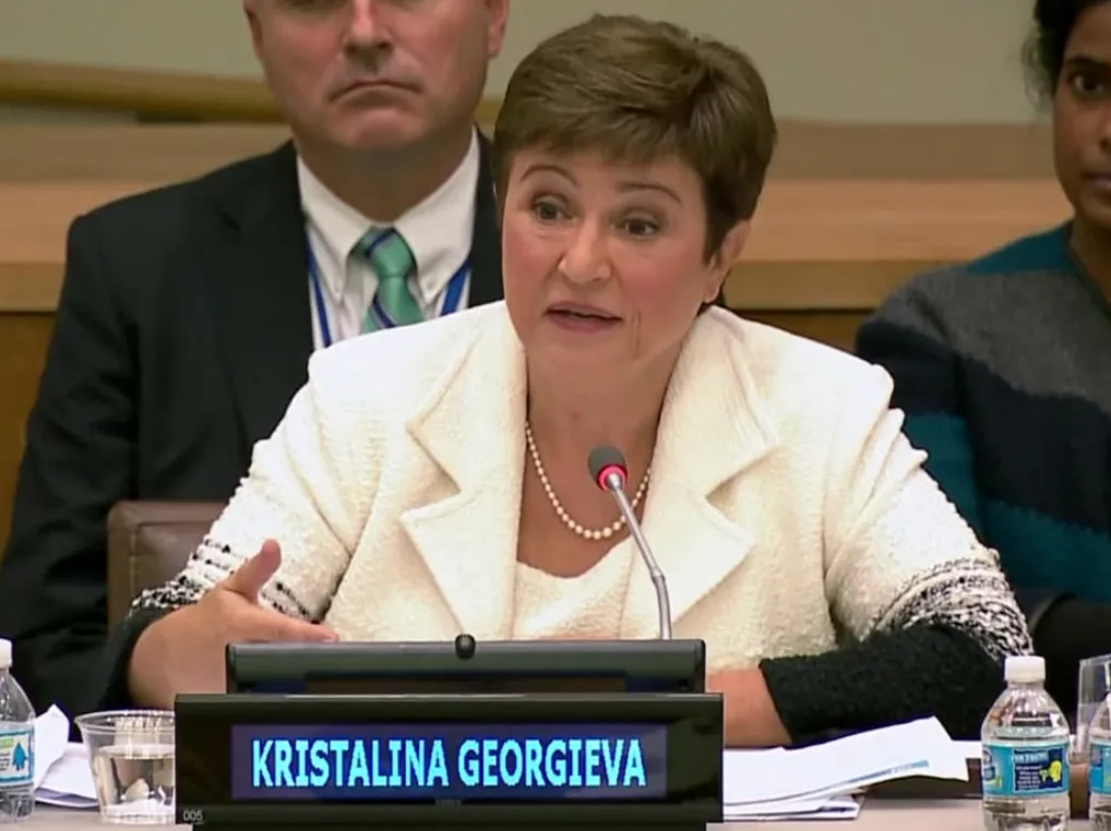 Kristalina Georgieva, predsjednica Međunarodnog monetarnog fonda (MMF), govori za govornicom.