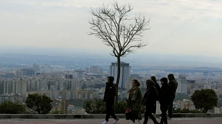 Grupa ljudi šeta stazom ispred razgranatog stabla, sa gradom koji se pruža u daljini pod oblačnim nebom.
