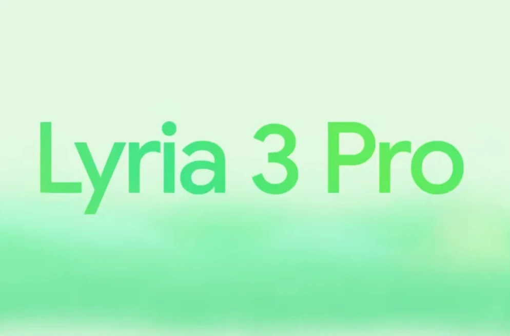 Natpis "Lyria 3 Pro" zelenim slovima na blijedozelenoj pozadini