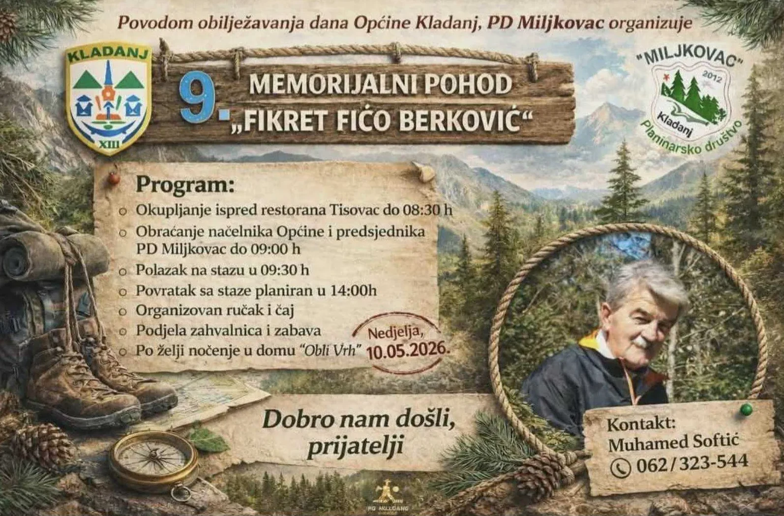 Poster za 9. Memorijalni pohod "Fikret Fićo Berković" u organizaciji PD Miljkovac i Općine Kladanj.
