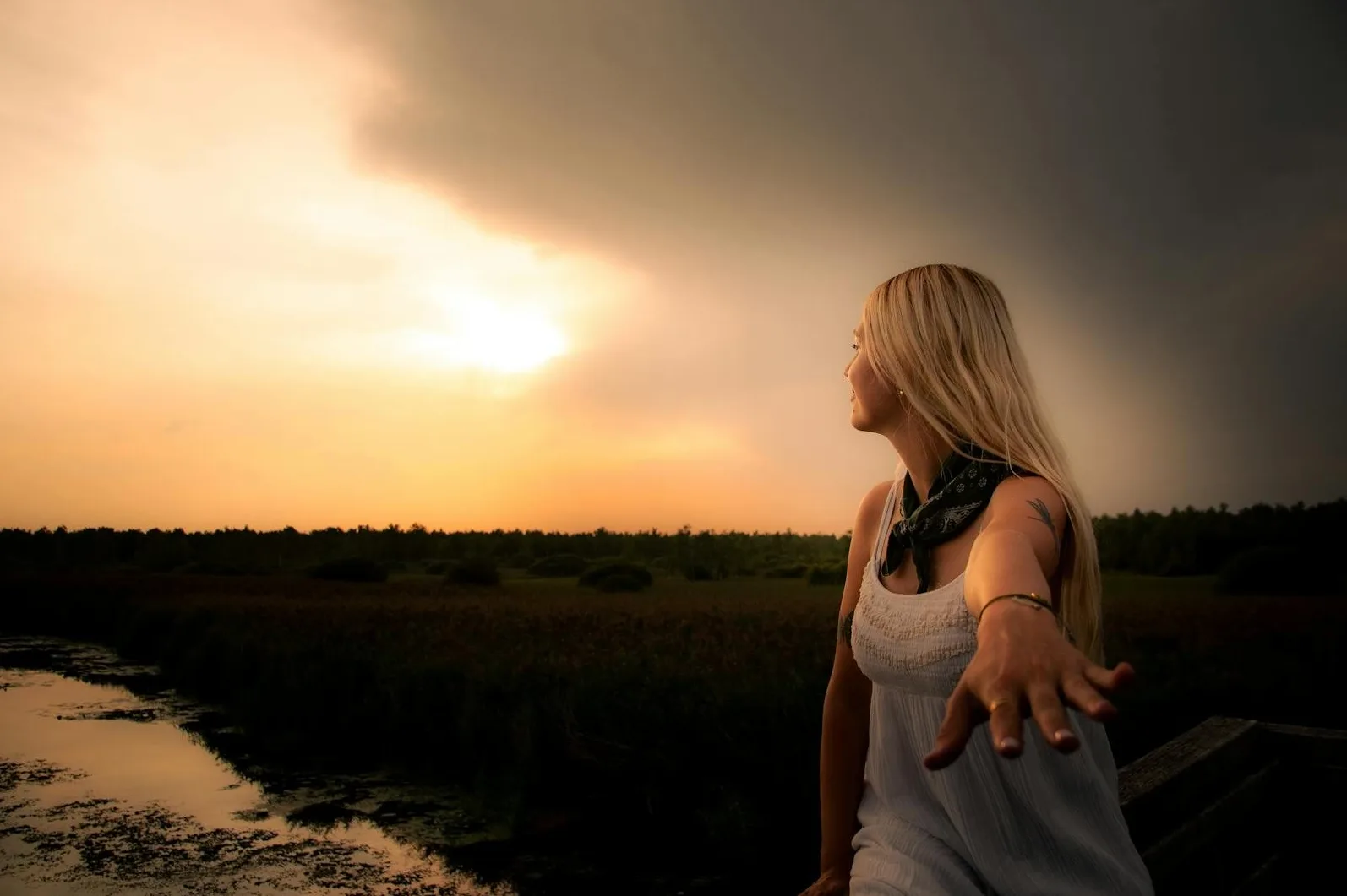 Mlada plavuša u bijeloj ljetnoj haljini sa crnom maramom oko vrata, okreće glavu ulijevo i pruža desnu ruku ka posmatraču, dok sja sunce u narandžastim tonovima iza tamnog neba. Ispred nje se prostire močvara ispresijecana malim potokom, a u daljini se nazire gusti zeleni šumarak.