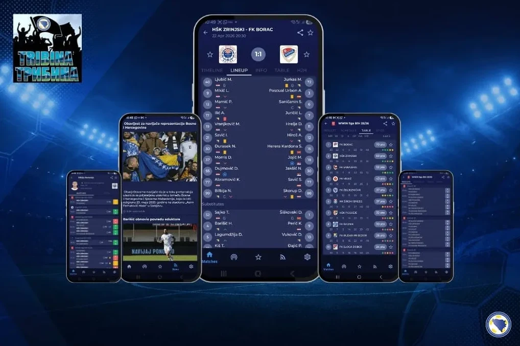 Ekran mobilnog telefona koji prikazuje informacije o nogometnoj utakmici HŠK Zrinjski - FK Borac, uključujući postave igrača, rezultate i tabelu lige.