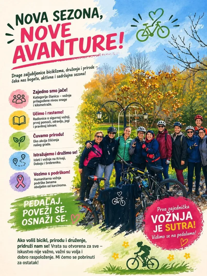 Grupa žena na biciklima u jesenjem ambijentu, sa natpisom "Nova sezona, nove avanture!".