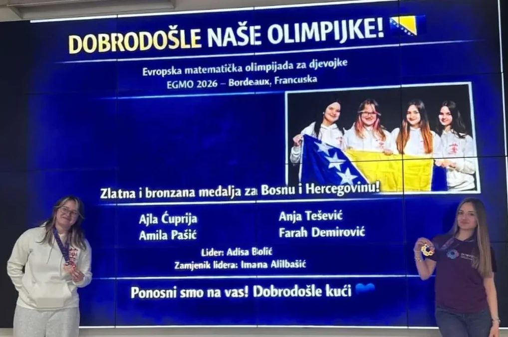 Mlade matematičarke iz Bosne i Hercegovine sa medaljama sa Evropske matematičke olimpijade za djevojke (EGMO 2026).