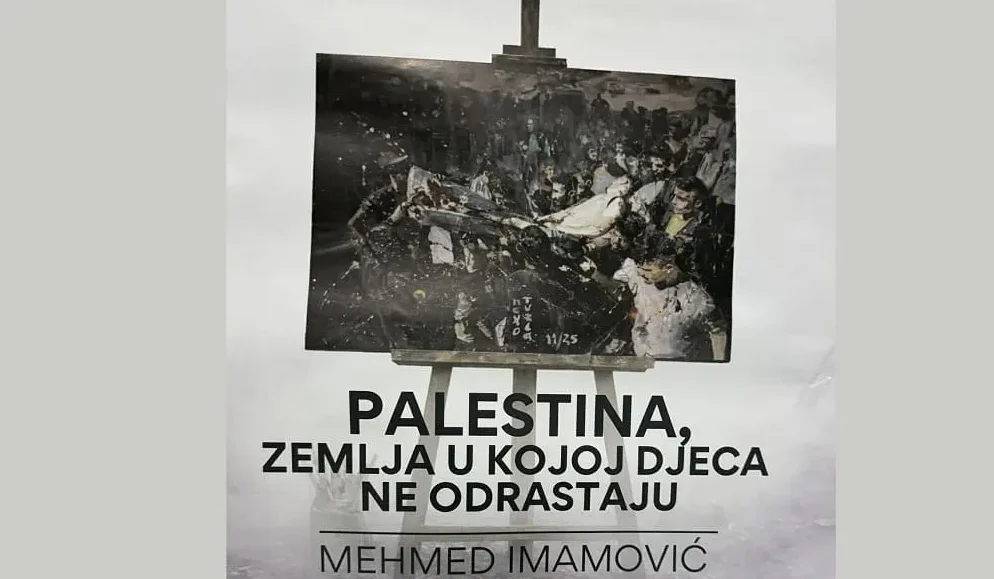 Umjetničko djelo sa natpisom "PALESTINA, ZEMLJA U KOJOJ DJECA NE ODRASTAJU" autora MEHMED IMAMOVIĆ.