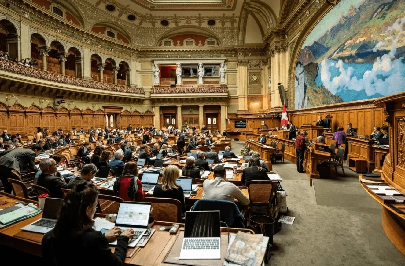Unutrašnjost parlamentarne dvorane sa mnogo ljudi koji sjede i rade, sa slikom planinskog pejzaža na zidu.