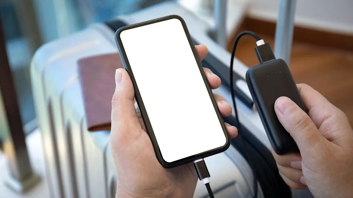 Ruka drži pametni telefon i power bank dok je na putovanju, s koferom u pozadini.