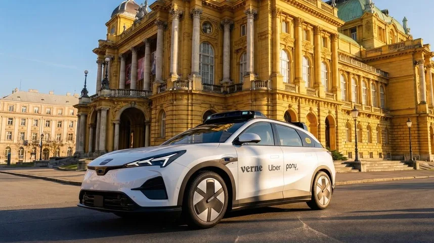 Bijeli samovozeci automobil marke Uber Pony, opremljen senzorskim modulom na krovu, parkiran je ispred zgrade Hrvatskog narodnog kazališta u Zagrebu, koje je arhitektonsko zdanje žute boje s velikim stupovima i stepeništem.