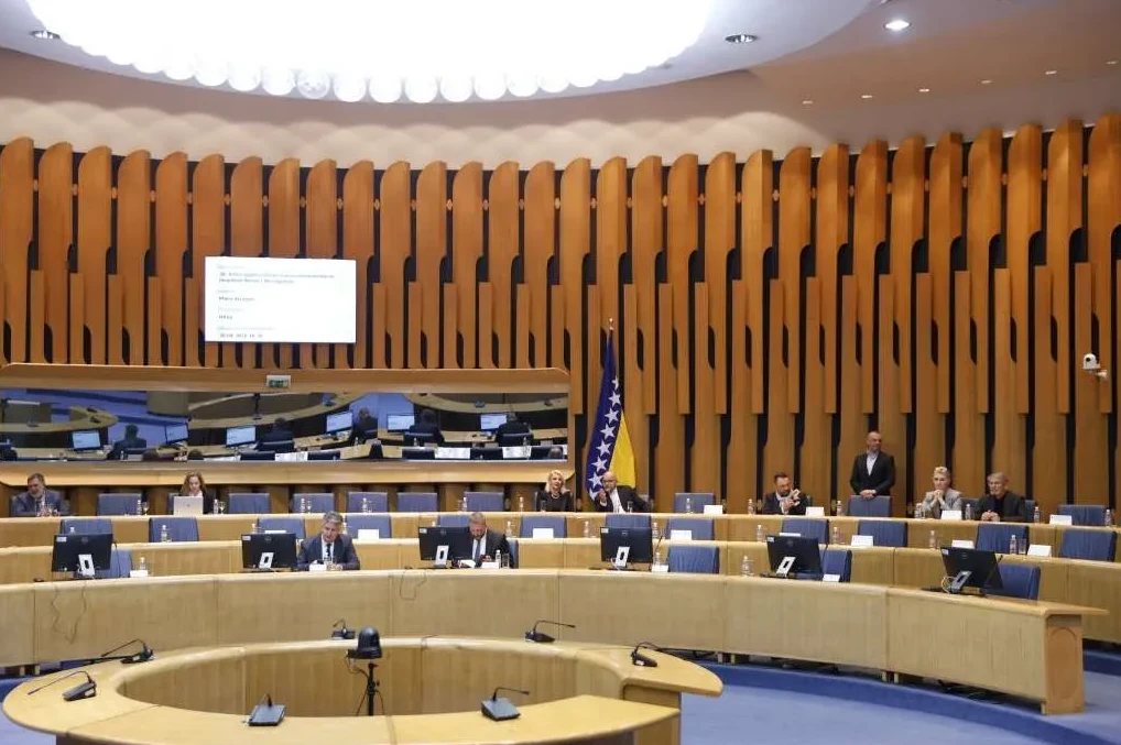 Skupštinska sala sa zastavom Bosne i Hercegovine i ljudima koji sjede za stolovima.