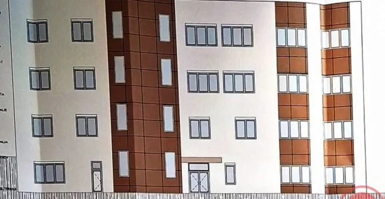 Arhitektonski nacrt stambene zgrade sa više spratova i prozorima.