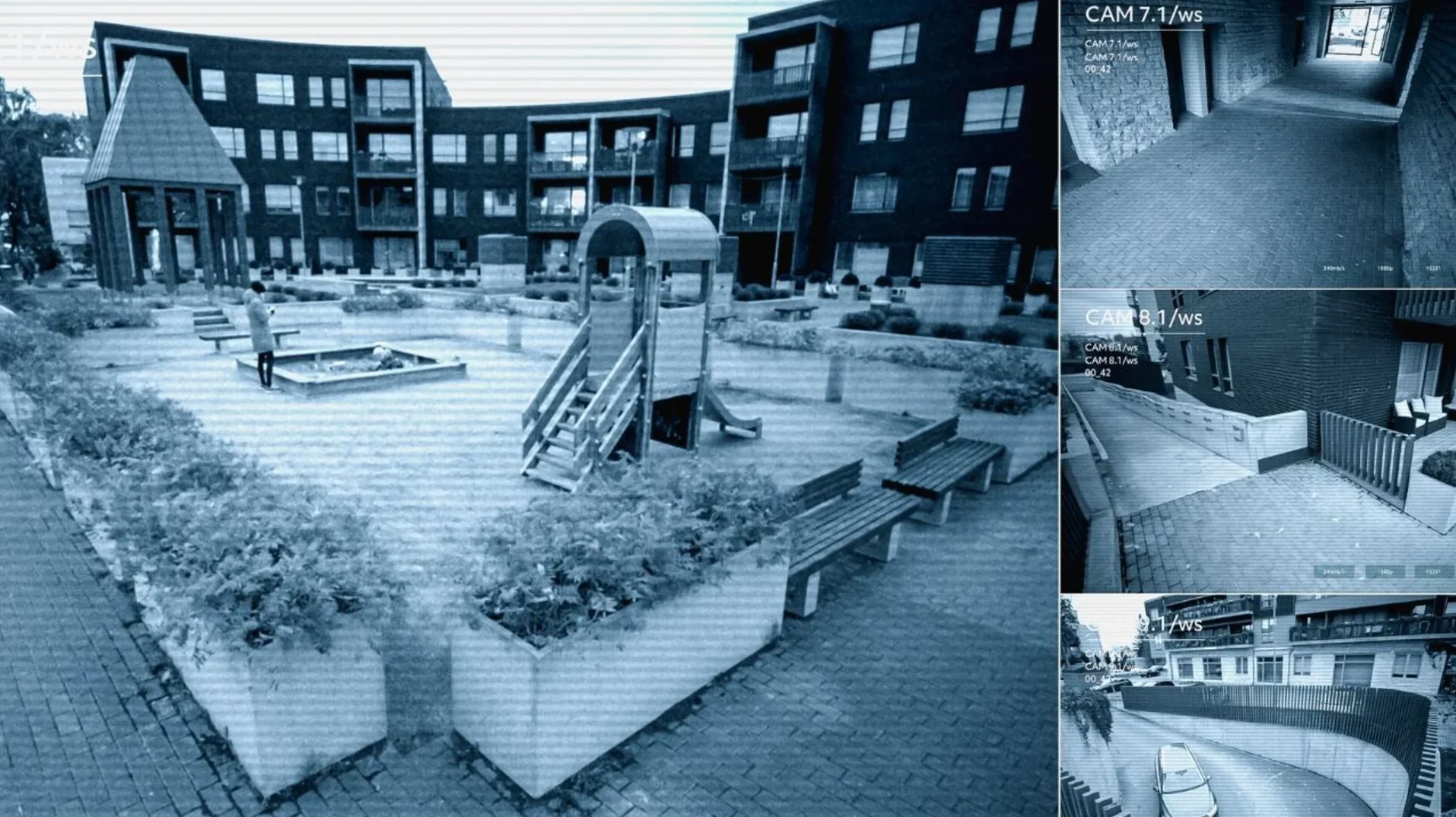 Višestruki prikazi nadzornih kamera stambenog objekta sa dječijim igralištem i prilaznim putevima.