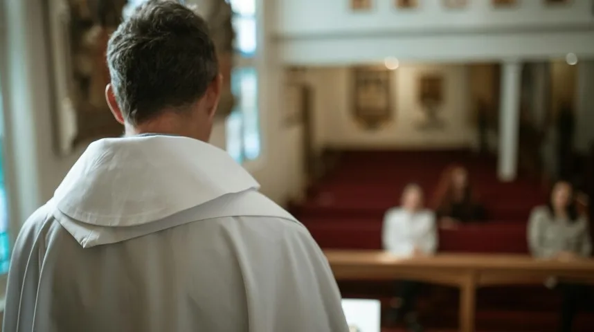 Sveštenik u bijelom svečeničkom odijelu stoji okrenut leđima, dok se u pozadini vide vjernici koji sjede u klupama crkve.