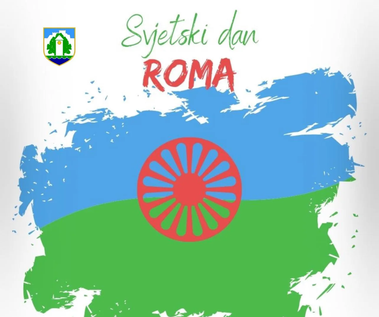 Zastava Roma sa simbolom točka i natpisom Svjetski dan Roma