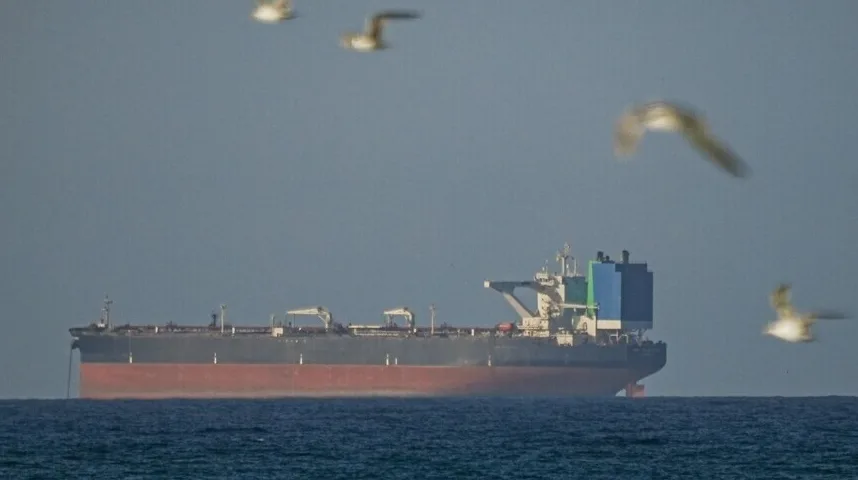 Veliki teretni brod sa crveno-crnim trupom plovi mirnim morem, dok jato galebova leti iznad njega pod vedrim, plavim nebom.