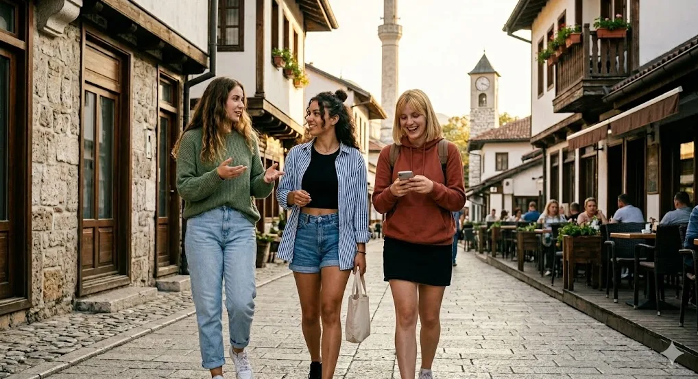 Tri mlade djevojke nasmijano šetaju popločanom ulicom u staroj gradskoj jezgri, okružene kamenim zgradama i kafeima sa gostima.