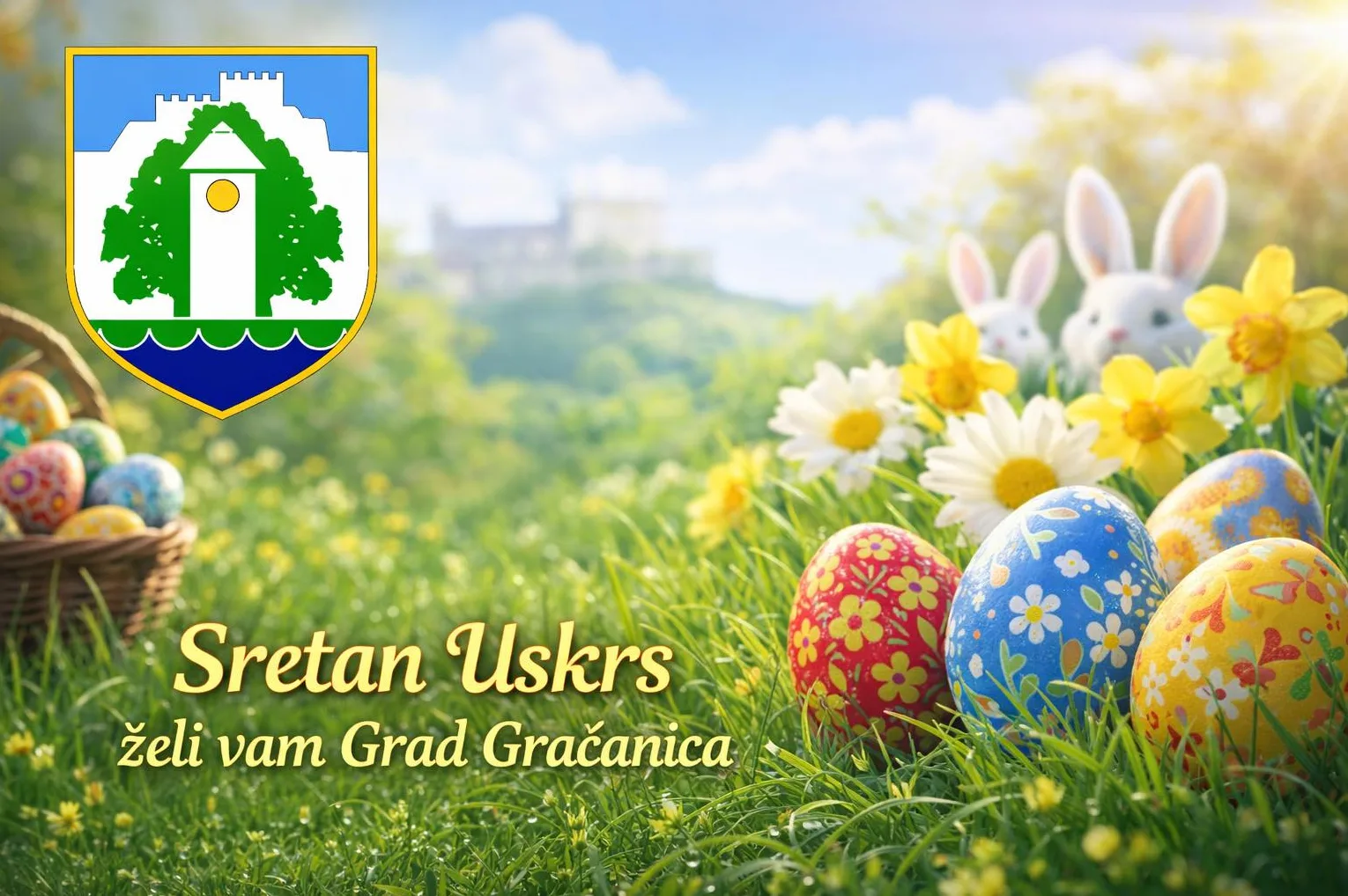 Usrsne pisanice i zečići na travi sa grbom Grada Gračanice