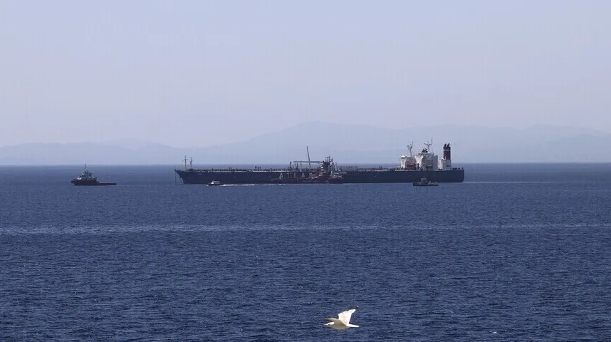 Veliki teretni brod, vjerovatno tanker, plovi mirnim plavim morem. Manji brodovi, vjerovatno tegljači, nalaze se u blizini teretnog broda, sugerišući operacije privezivanja ili manevrisanja. U pozadini se naziru obrisi planina pod blagim ljetnim oblacima. Galeb leti u prvom planu.