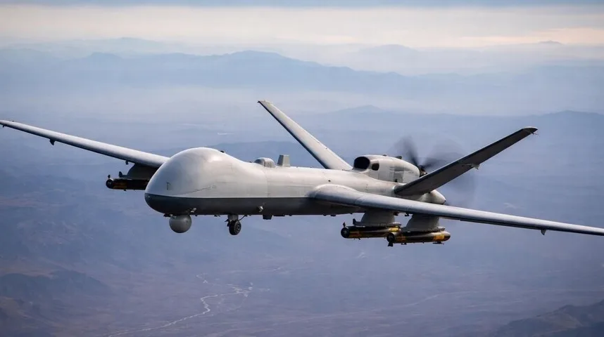Sivi vojni dron sa podvijenim krilima leti iznad planinskog predjela prekrivenog maglom.
