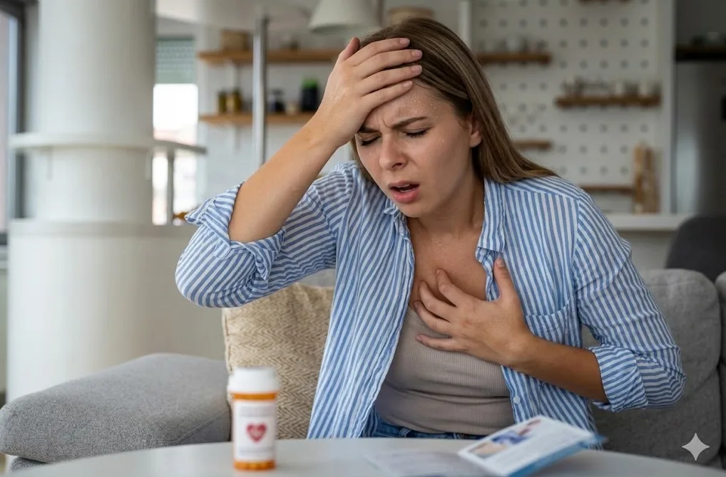 Žena osjeća bol u grudima, drži se za glavu i steže grudi rukom, vidljivo znojenje, pored nje je kutija lijekova.