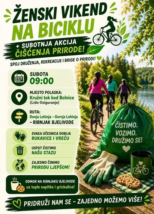 Plakat za događaj 'Ženski vikend na biciklu', subotnja akcija čišćenja prirode, s informacijama o vremenu, mjestu polaska, ruti i pogodnostima za učesnice.