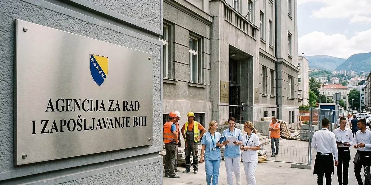 Natpis Agencija za rad i zapošljavanje BiH ispred zgrade, radnici i medicinske sestre razgovaraju.