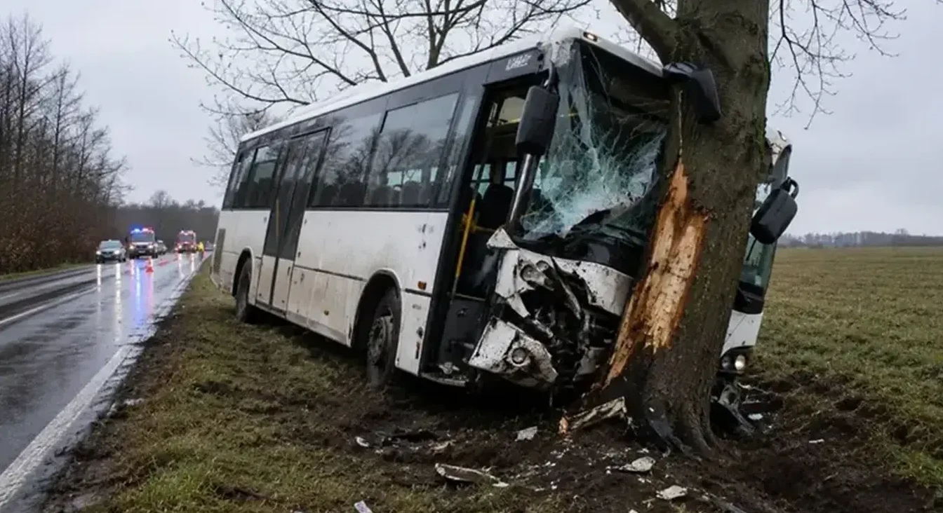 Bijeli autobus sletio je s mokrog kolovoza i desnom stranom udario u debelo drvo, uzrokujući značajnu štetu na prednjem dijelu vozila.