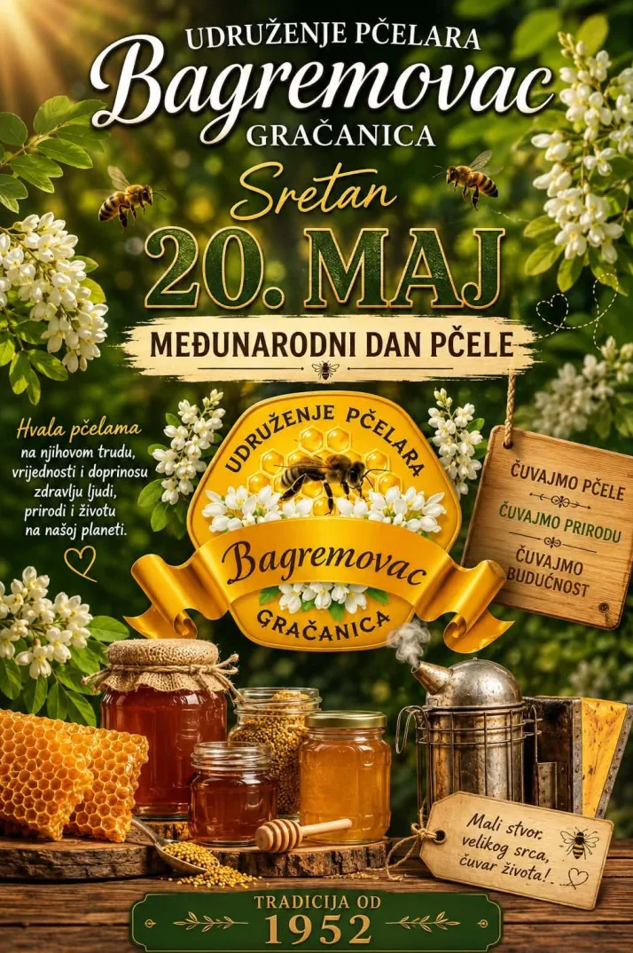 Ilustracija povodom Međunarodnog dana pčela sa pčelama, cvijećem bagrema, teglama meda i saćem, uz poruke "Čuvajmo pčele, čuvajmo prirodu, čuvajmo budućnost" i "Mali stvor, velikog srca, čuvar života!".