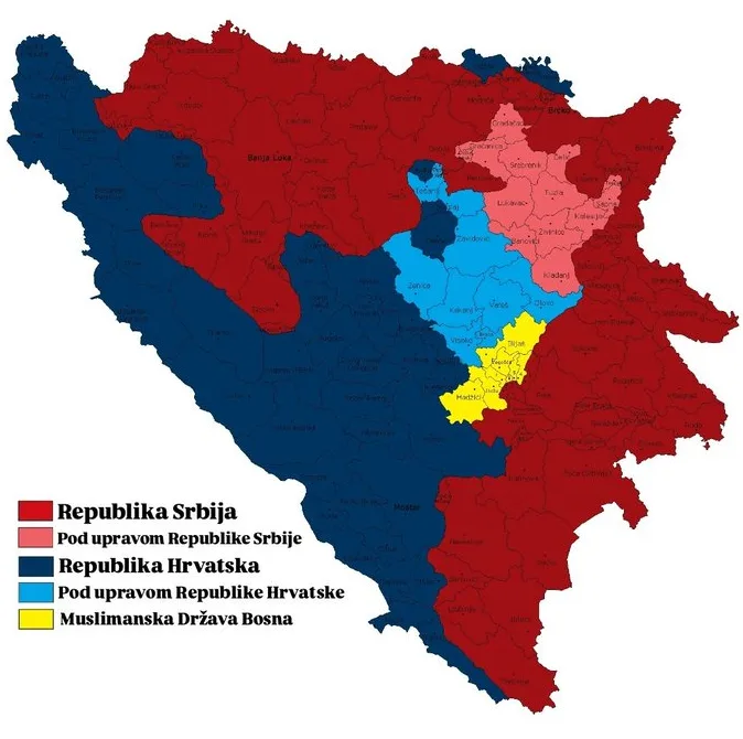 Mapa etničke podijele Bosne i Hercegovine sa legendom koja prikazuje Republike Srbiju, Republiku Hrvatsku, te pod upravom navedenih država, kao i Muslimansku Državu Bosnu.