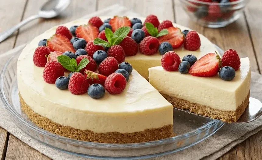 Cheesecake ukrašen svježim jagodama, borovnicama i malinama, sa kriškom izvađenom na lopatici.