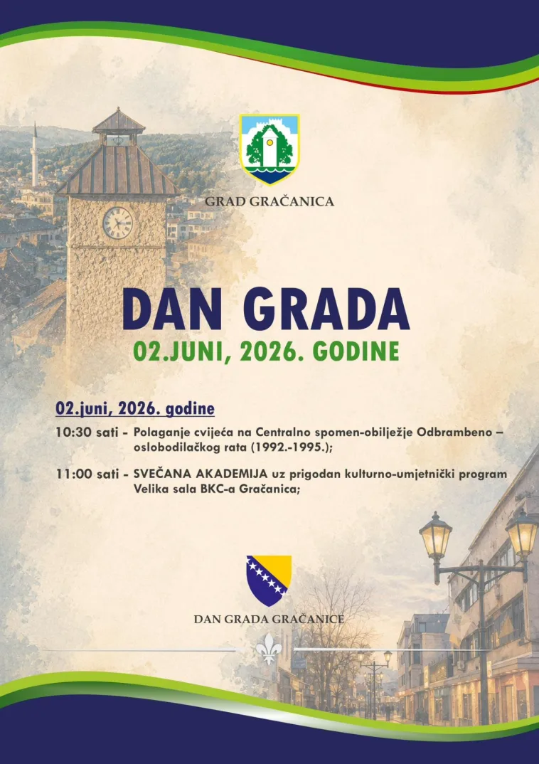 Pozivnica za Dan Grada Gračanice 2. juna 2026. godine sa satnicom događaja.