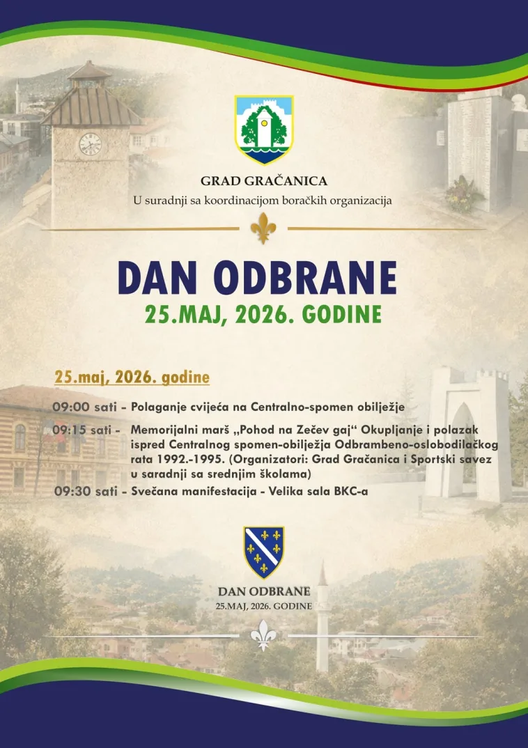 Pozivnica za obilježavanje Dana Odbrane Grada Gračanica 25. maja 2026. godine.