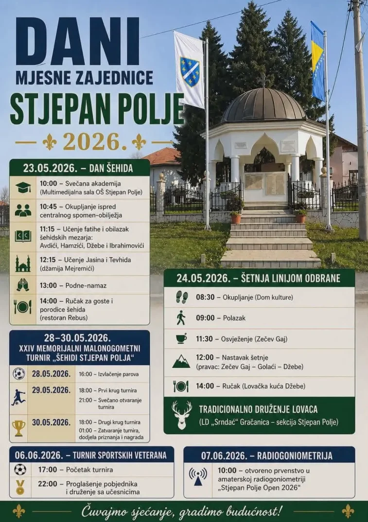 Plakat "Dani Mjesne Zajednice Stjepan Polje 2026" sa rasporedom događaja, uključujući Dan šehida, šetnju linijom odbrane, malonogometni turnir, turnir sportskih veterana i radiogoniometriju.