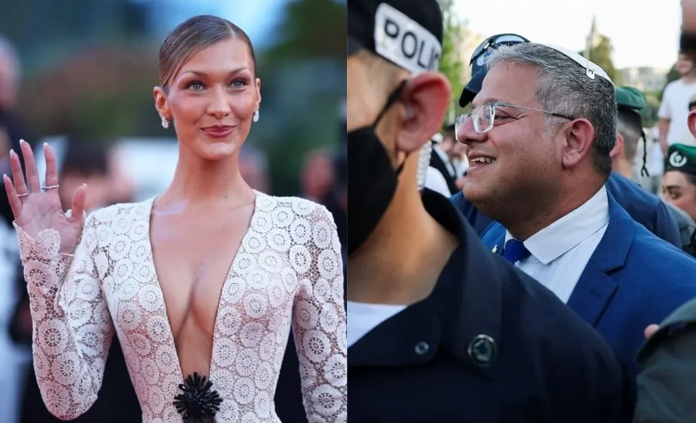 Dvojna fotografija koja prikazuje Belu Hadid na crvenom tepihu i izraelskog političara u masi.