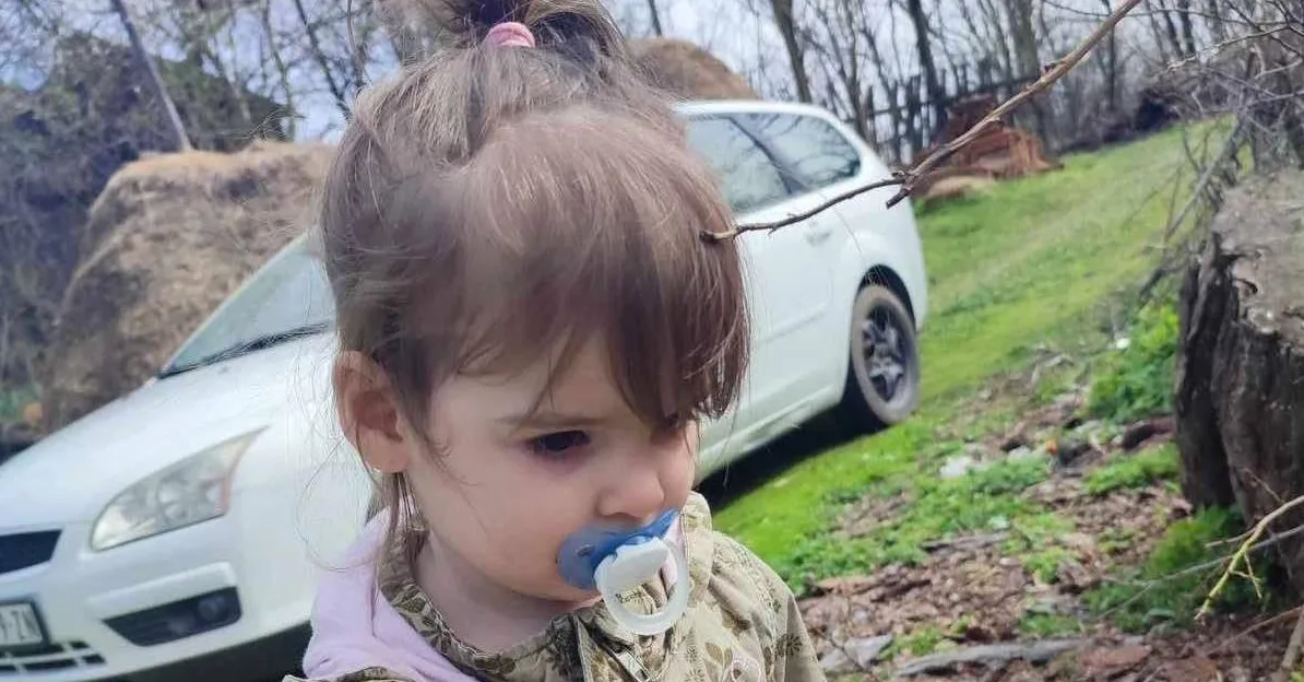 Malo dijete sa dudačom i kosom podignutom u repić, u pozadini se vidi bijeli automobil i priroda.