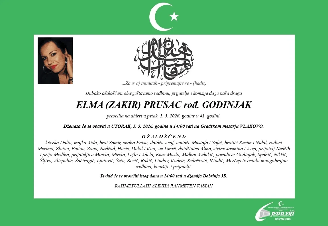 Obavijest o smrti Elme Prusac rod. Godinjak