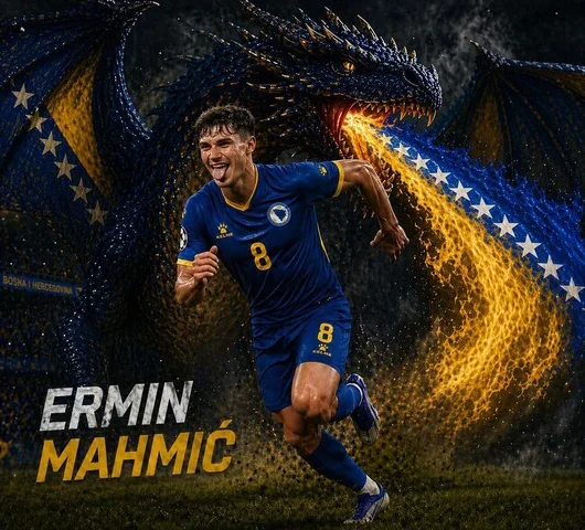 Fudbaler Ermin Mahmić u plavom dresu sa brojem 8, uz zmaja koji izbacuje plamen u bojama Bosne i Hercegovine.