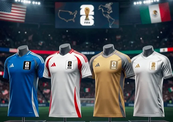 Dresovi za FIFA Svjetsko prvenstvo 2026. na manekenima u stadionskom okruženju, prikazujući plavi, bijeli sa crvenim detaljima, zlatni i bijeli dres.