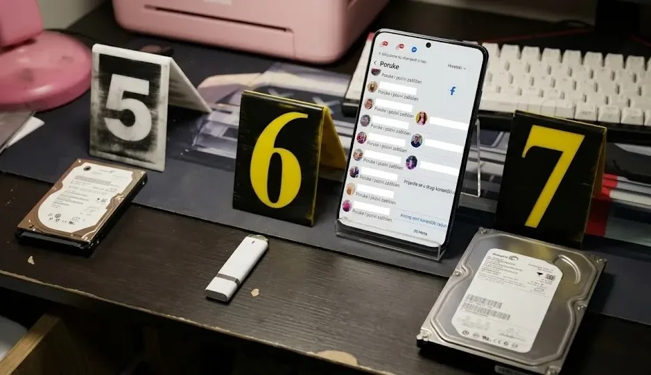 Forenzička analiza dokaza: Hard diskovi, USB memorija i pametni telefon sa otvorenim porukama, obilježeni brojevima 5, 6 i 7.