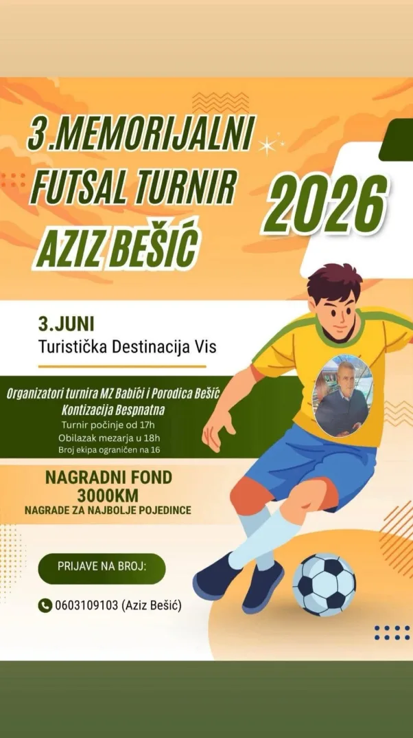 Poziv na 3. Memorijalni malonogometni turnir Aziz Bešić 2026. u Visu, 3. juna.