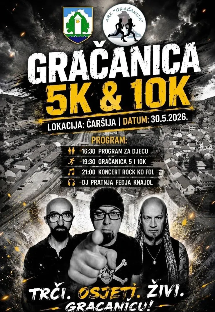 Plakat za "Gračanica 5K & 10K" trku i koncert, sa detaljima o programu, lokaciji i datumu.